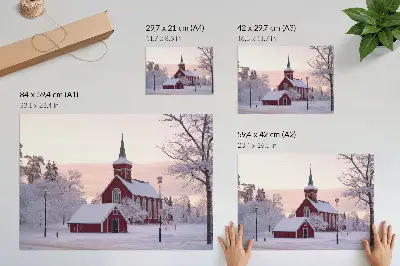 Plakat zimska pokrajina zasneženih dreves pod pastelnim nebom