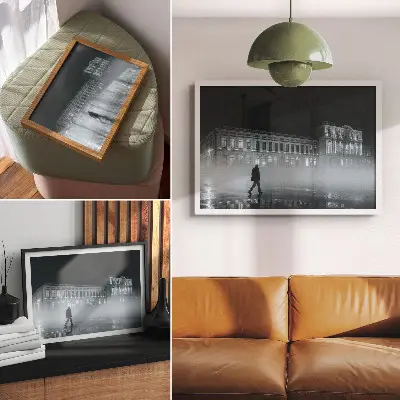 Plakat nočno mesto v megli z monumentalno stavbo