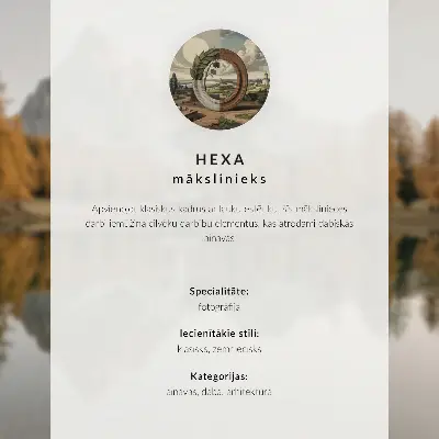 Plakat na platnu gore, odsev, koča, zlata drevesa in mirno jezero