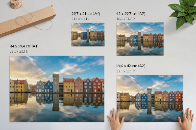 Plakat s teksturo platna Barvite hiše ob vodi, odsevi, arhitektura