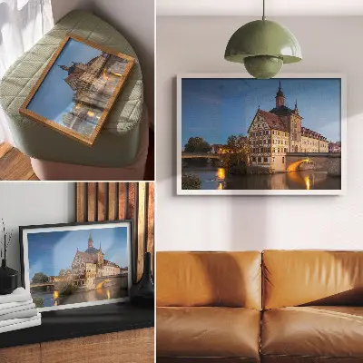 Plakat na platnu zgodovinska stavba z mostom nad vodo pod modrim nebom