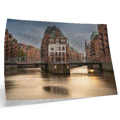 Plakat s teksturo platna Atmosferska arhitektura, most, večer, mirna voda