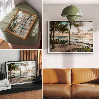 Plakat tropska plaža s palmami in visečo mrežo kot oaza sprostitve