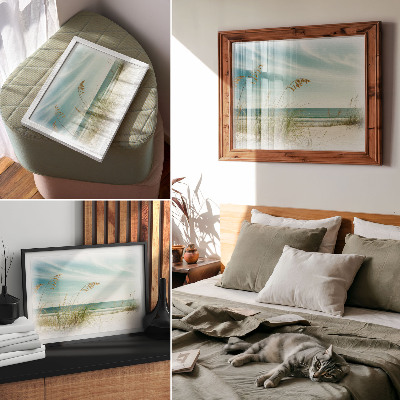 Plakat s teksturo platna Plaža trava ocean nebo mir