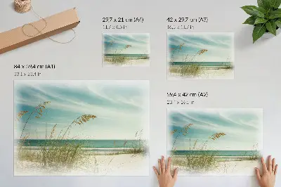 Plakat s teksturo platna Plaža trava ocean nebo mir plakat s teksturo platna z motivom plaže, trave, oceana in neba