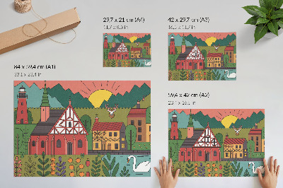 Plakat na platnu Barvite hiše gore jelen labod zelena pokrajina