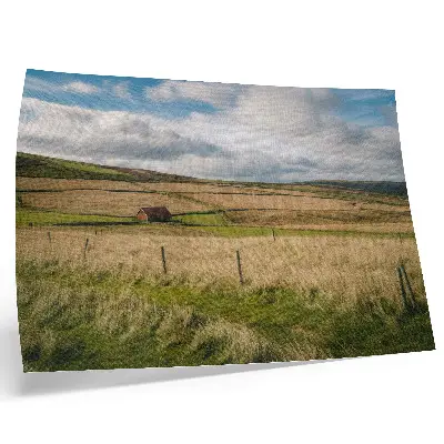 Plakat s teksturo platna slikovita pokrajina z naravo in osamljeno kočo