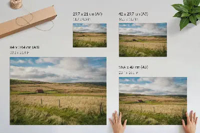 Plakat s teksturo platna slikovita pokrajina z naravo in osamljeno kočo