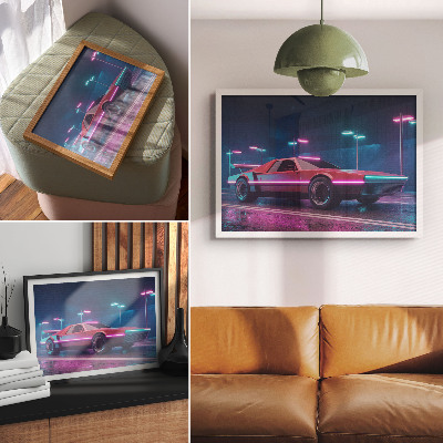 Plakat s teksturo platna Retro avto v neonskem urbanem okolju