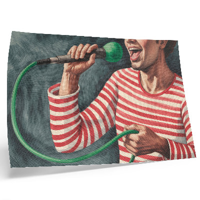Plakat Rdeča črtasta majica z zelenim mikrofonom