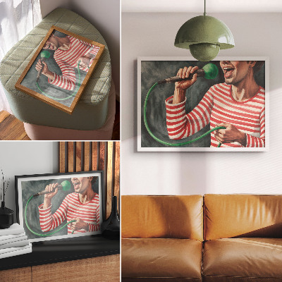 Plakat Rdeča črtasta majica z zelenim mikrofonom
