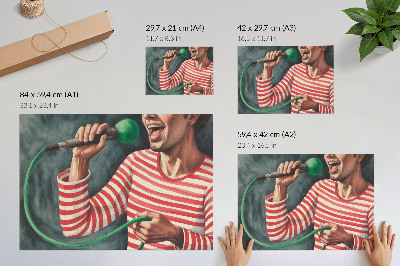 Plakat Rdeča črtasta majica z zelenim mikrofonom