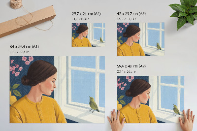 Plakat s teksturo platna Ženska v rumeni majici s ptico na okenski polici