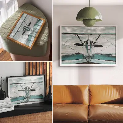 Plakat s teksturo platna pogled od spredaj na dvokrilno letalo v slogu industrijske elegance