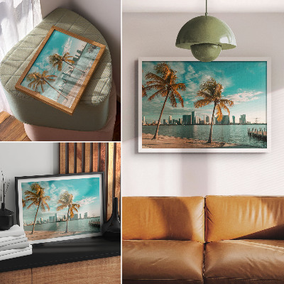Plakat Palme, jezero, nebotičniki, turkizno nebo, mir