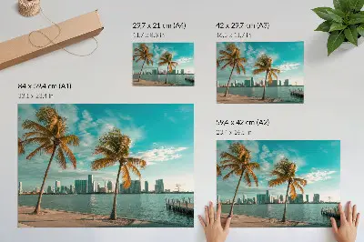 Plakat palme, jezero, nebotičniki, turkizno nebo in mir