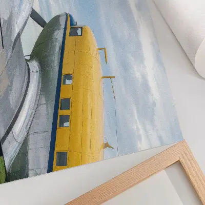 Plakat na platnu elegantno klasično letalo v rumeni, sivi in modri barvi