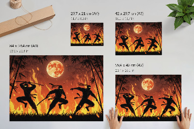 Plakat Energičen nočni prizor z nindžami in plameni