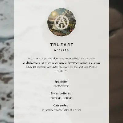 Plakat s teksturo platna rože, gore, reka in sončni zahod v mirnem vzdušju