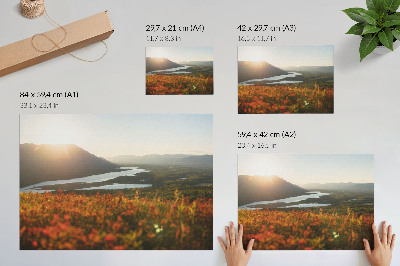 Plakat s teksturo platna Rože, gore, reka, sončni zahod, mirno vzdušje