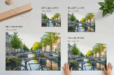 Plakat kanal z mostom, drevesi, stavbami in kolesom ob rožah