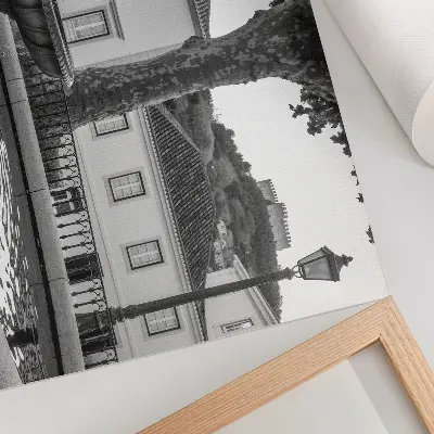 Plakat črno-bela fontana s klasično grajsko stavbo