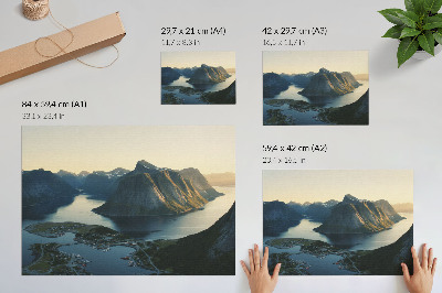 Plakat na platnu Fjordi, gore, voda, sončni zahod, harmonija narave