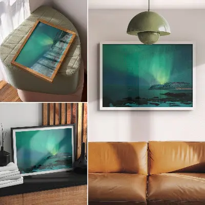 Plakat zelena aurora, bleščeče luči in mirna gladina