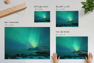 Plakat Zelena aurora, bleščeče luči, mirna gladina