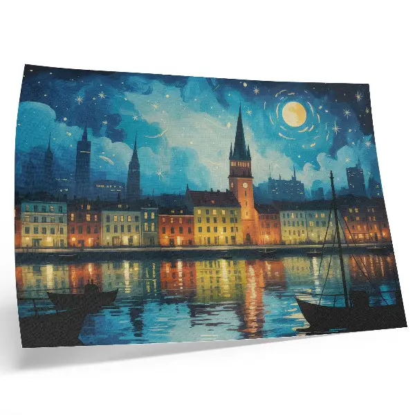 Plakat s teksturo platna nočno mesto z odsevi luči na vodi