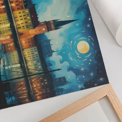 Plakat s teksturo platna nočno mesto z odsevi luči na vodi