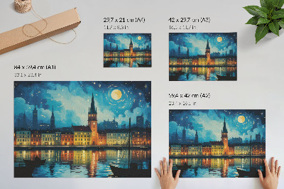 Plakat s teksturo platna Nočno mesto odsevi vodna svetilka sijaj