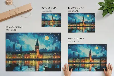 Plakat s teksturo platna nočno mesto z odsevi luči na vodi