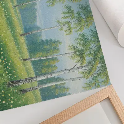Plakat s teksturo platna veličastne breze in zelene travniške rože
