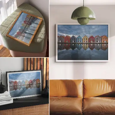 Plakat barvite hiše v modernem slogu s simetričnim motivom