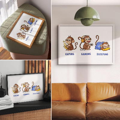 Plakat na platnu Smešne ilustracije opice, ki je, se igra in spi