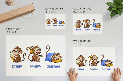 Plakat na platnu Smešne ilustracije opice, ki je, se igra in spi