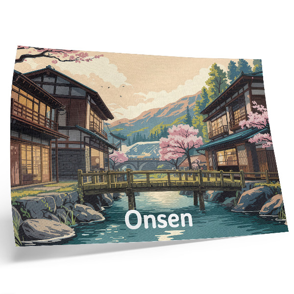 Plakat Pokrajina z japonsko arhitekturo in češnjami