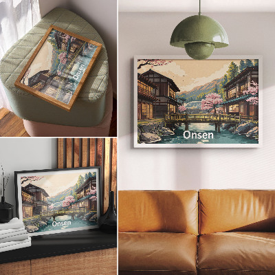 Plakat Pokrajina z japonsko arhitekturo in češnjami