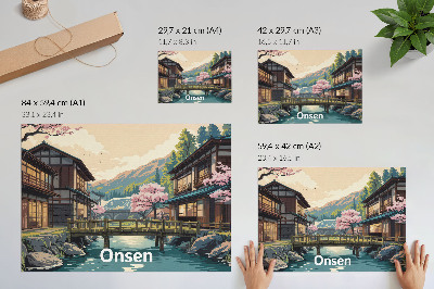 Plakat Pokrajina z japonsko arhitekturo in češnjami