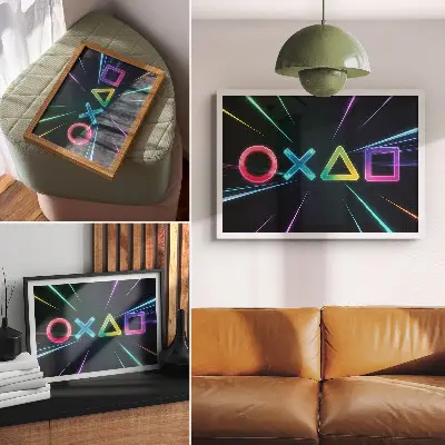 Neonske geometrijske oblike v gibanju plakat s teksturo platna