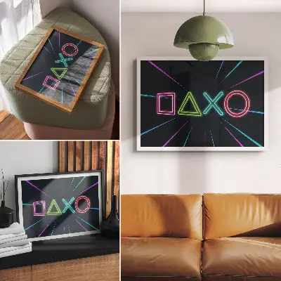 Plakat z neonskimi oblikami v dinamičnih barvah s futurističnim videzom