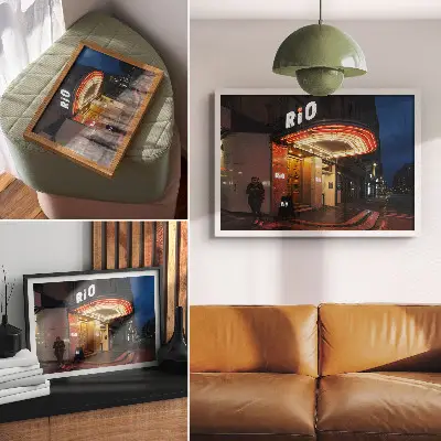 Plakat na platnu retro kino z rdečimi neonskimi lučmi na kremni podlagi