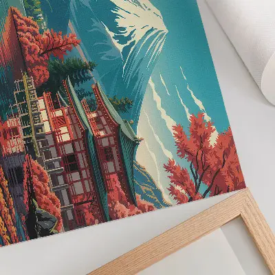 Plakat japonska pokrajina z jezerom in gorami v polnih barvah