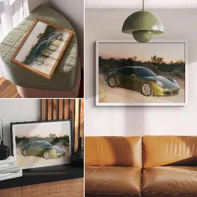 Plakat športni avtomobil v puščavi ob sončnem zahodu