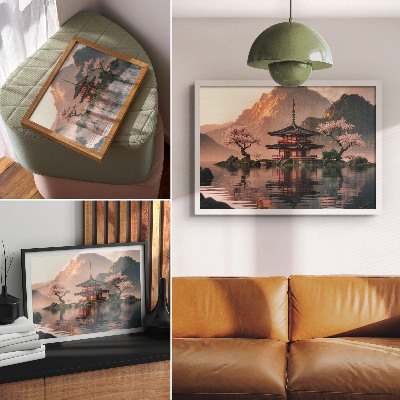 Plakat na platnu Orientalska stavba gore jezero češnje harmonija