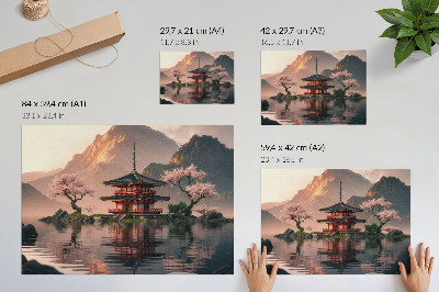 Plakat na platnu Orientalska stavba gore jezero češnje harmonija