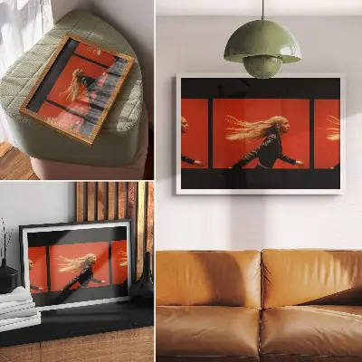 Plakat s teksturo platna trije posnetki teka na rdečem ozadju z moderno energijo