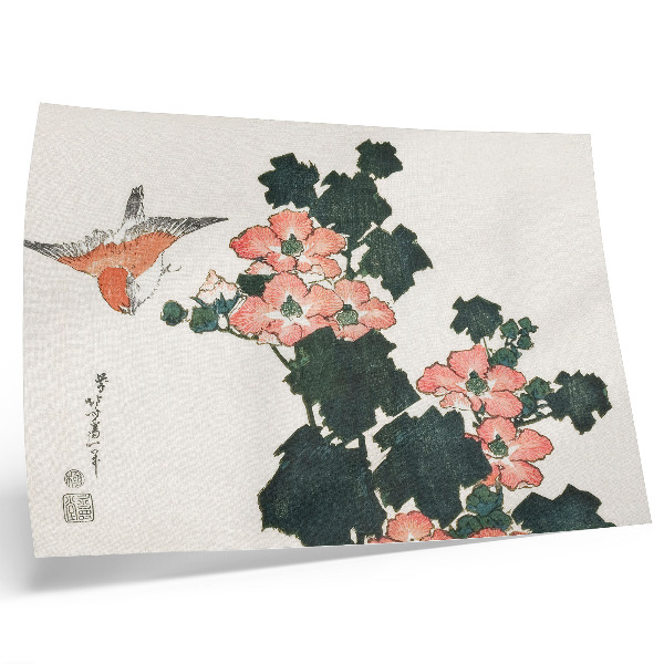Plakat na platnu Rdeče vrtnice in ptica, Katsushiki Hokusai (1760–1849), starinski japonski lesorez