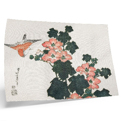 Plakat na platnu Rdeče vrtnice in ptica, Katsushiki Hokusai (1760–1849), starinski japonski lesorez